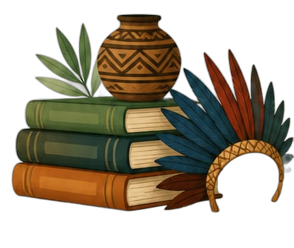 Ilustração de livros, vaso e cocar